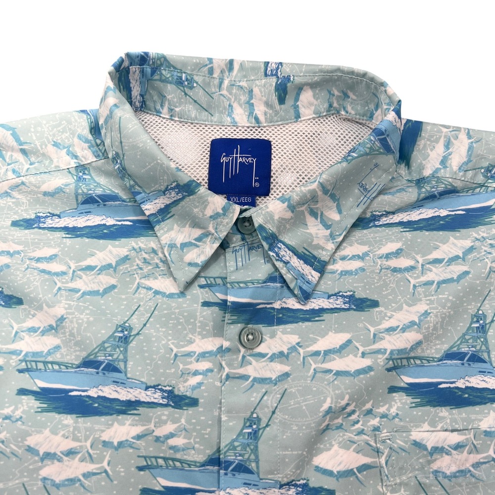 Guy Harvey Men XXL Fishing Shirt Tuna Boat Print Performance Vented Short Sleeve